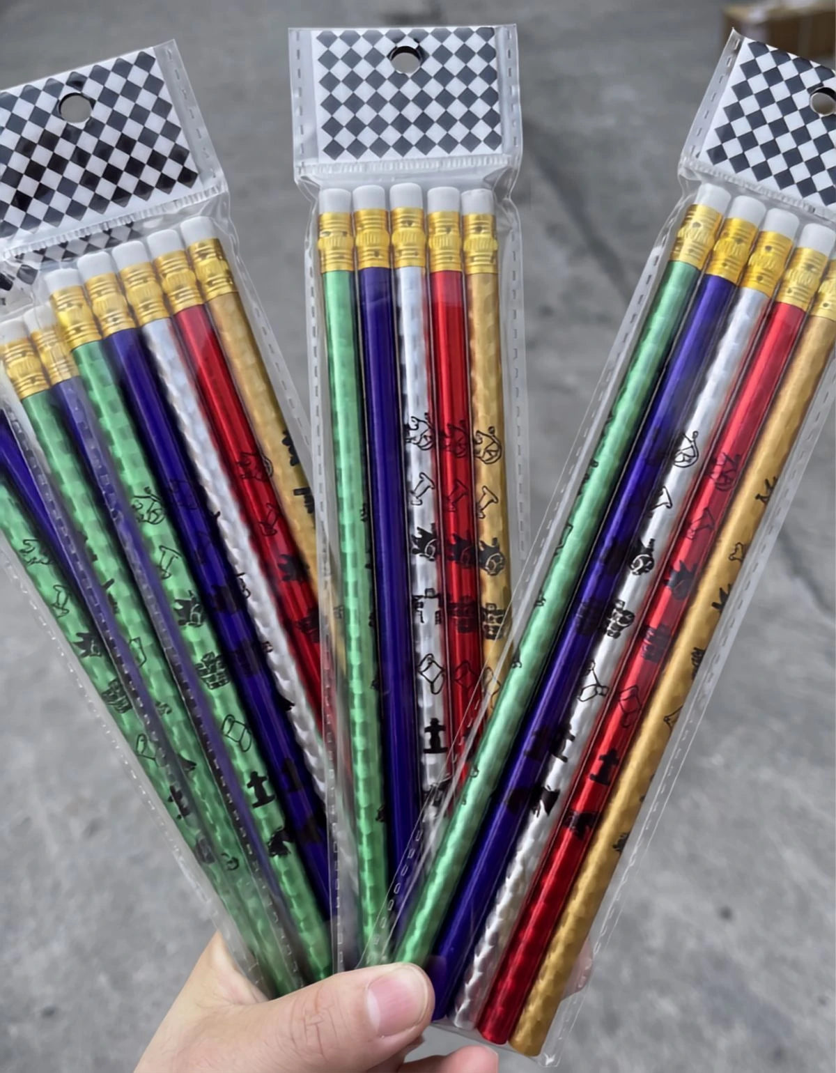 Pack 5 Lápices De Madera Diseño Ajedrez Con Goma Colores Surtidos